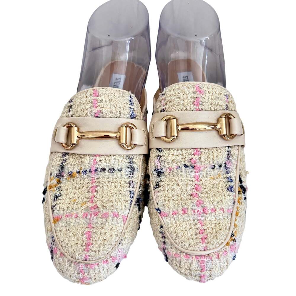 Steve Madden Kandi Boucle Tweed Knit Plaid Mules Slides Flat Old Money Parisian